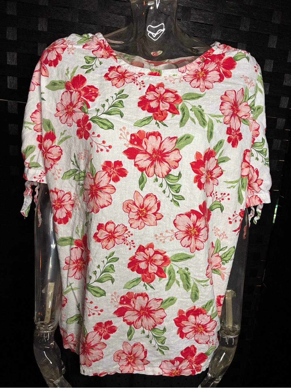 Coral Bay White Short Sleeve Top with Red Floral Print